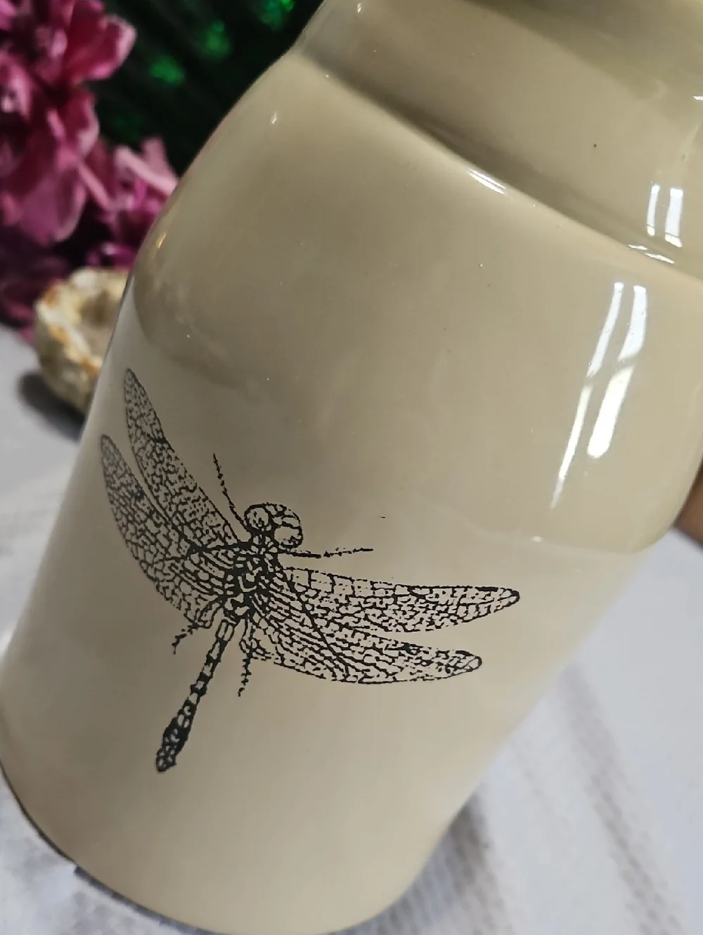 Vintage Cream Ceramic Vase with Black Dragonfly Print